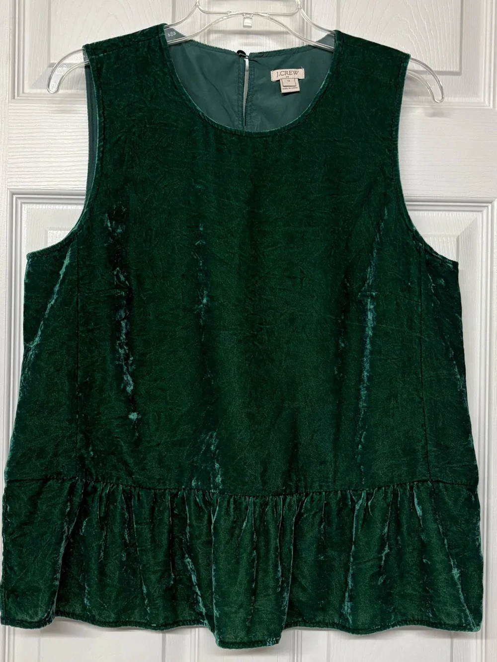 J. Crew Crushed Velvet Green Peplum Hem Sleeveless Top Sz 12